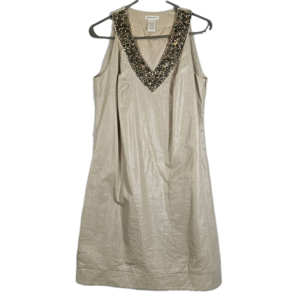 Worthington Women Sz 8 Beige Gold Sleeveless Sheath Dress‎ Sequin Linen Cotton